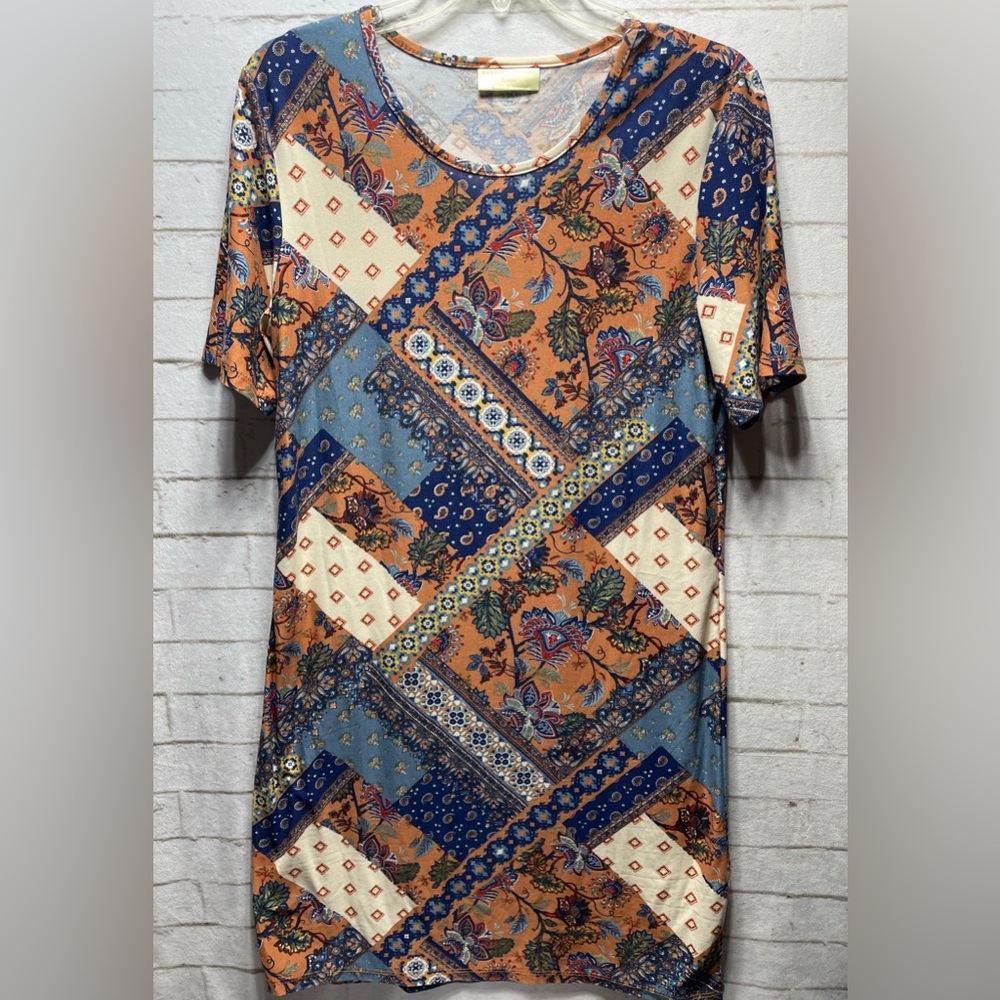 Bobby Brooks Women’s Large Floral Tunic Short Sleeve Dress Boho Patchwork